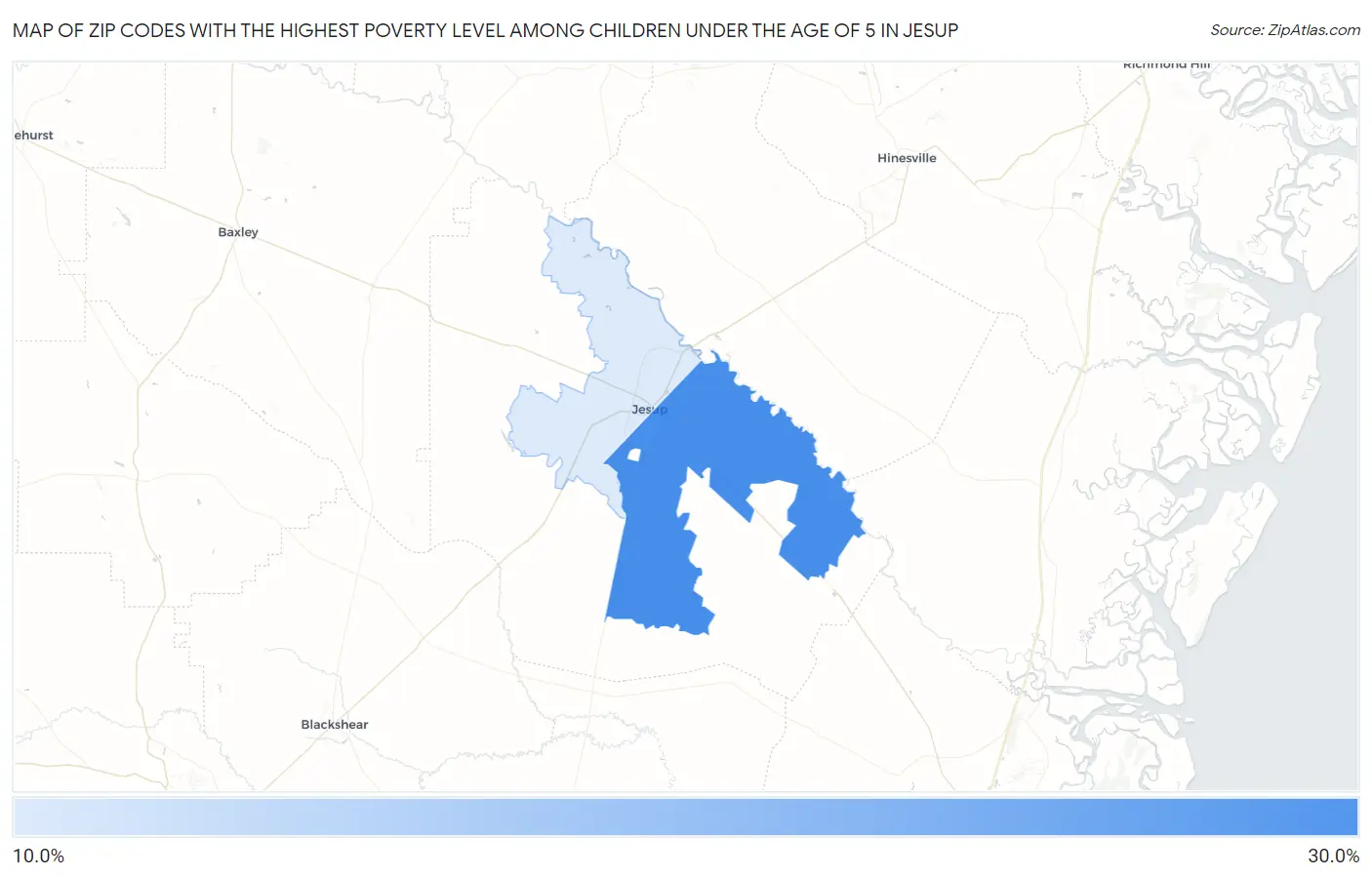 Zip Codes with the Highest Poverty Level Among Children Under the Age of 5 in Jesup Map