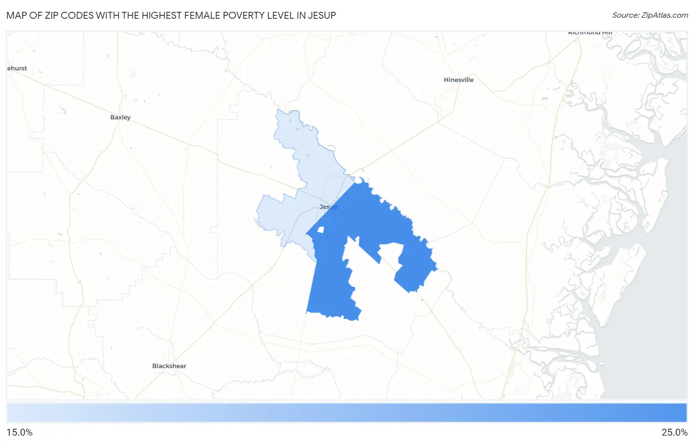 Zip Codes with the Highest Female Poverty Level in Jesup Map