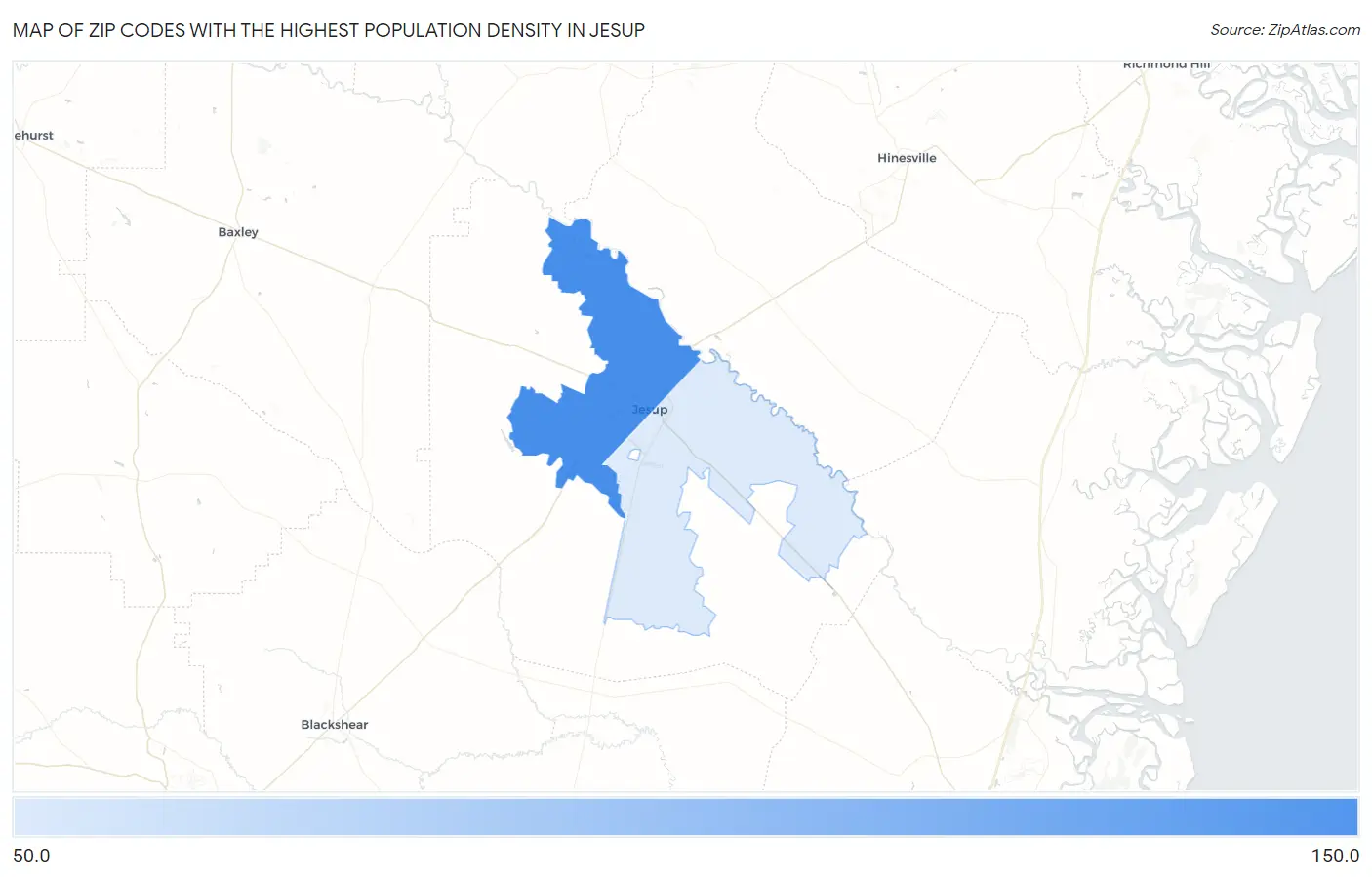 Zip Codes with the Highest Population Density in Jesup Map