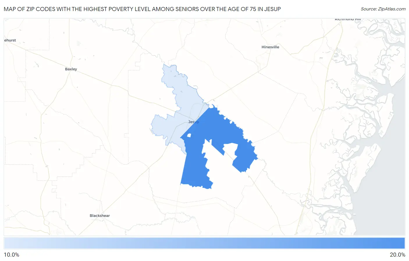Zip Codes with the Highest Poverty Level Among Seniors Over the Age of 75 in Jesup Map