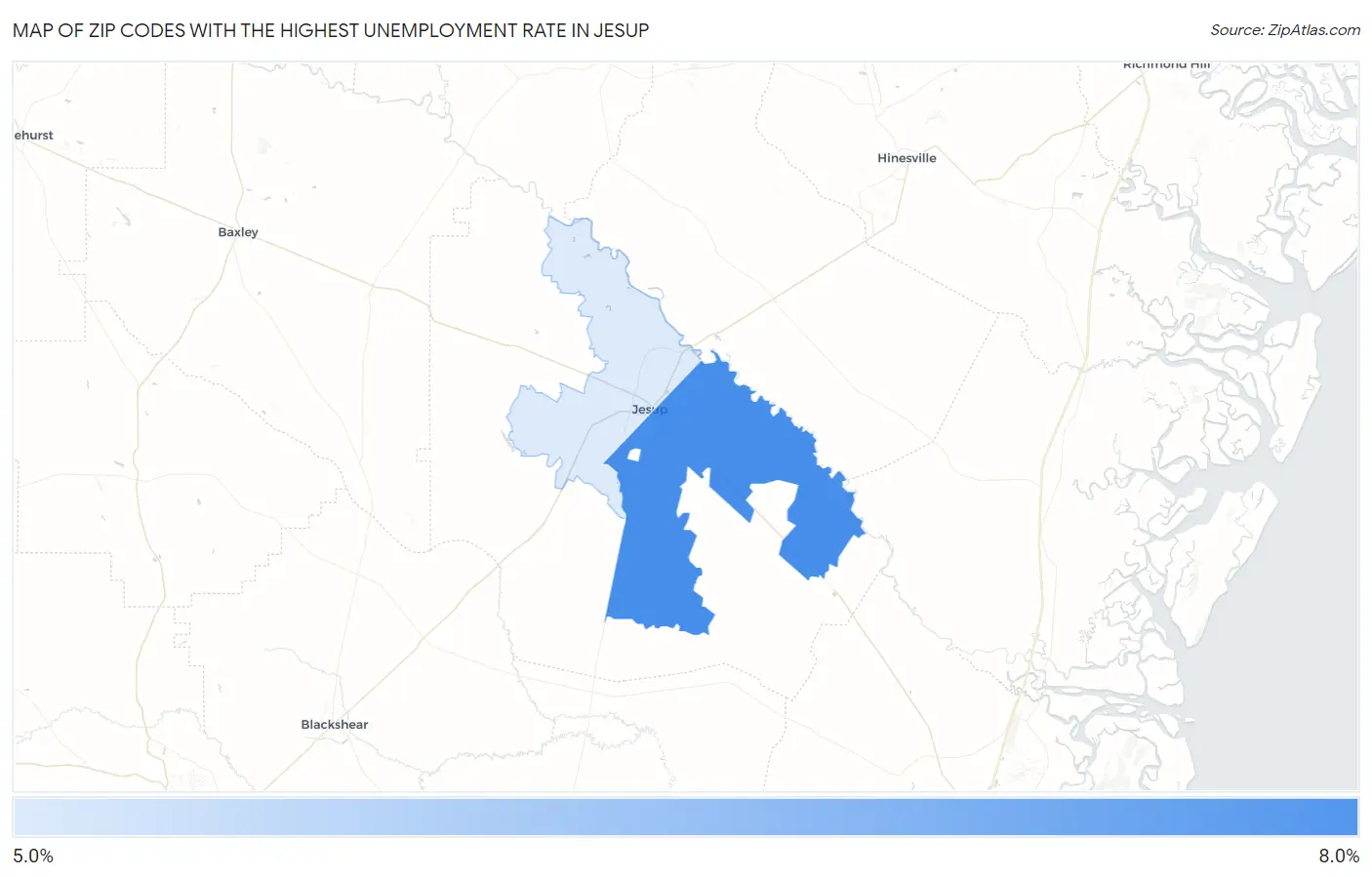 Zip Codes with the Highest Unemployment Rate in Jesup Map