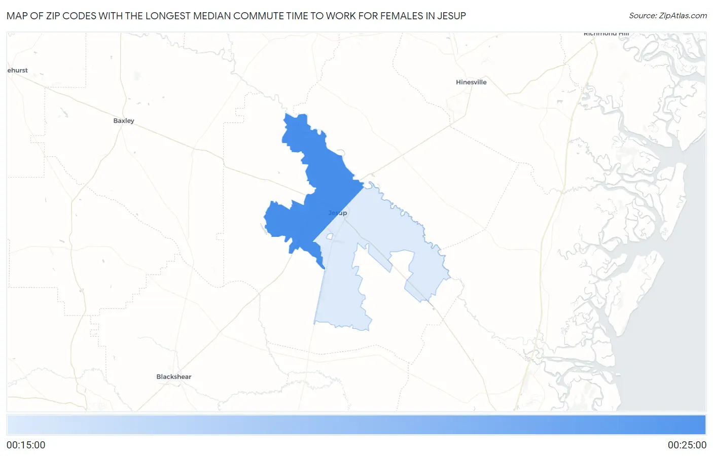 Zip Codes with the Longest Median Commute Time to Work for Females in Jesup Map