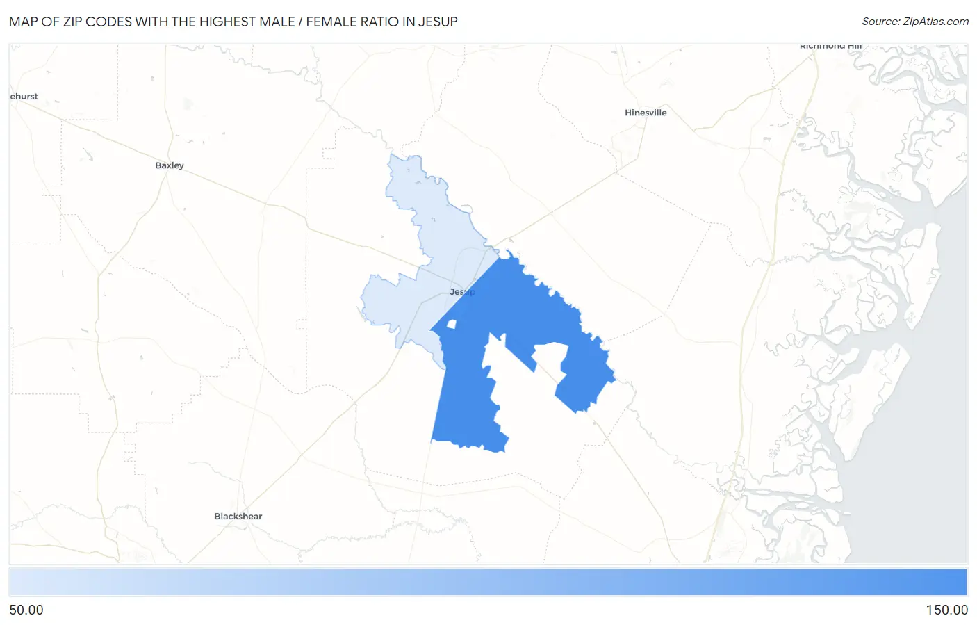 Zip Codes with the Highest Male / Female Ratio in Jesup Map