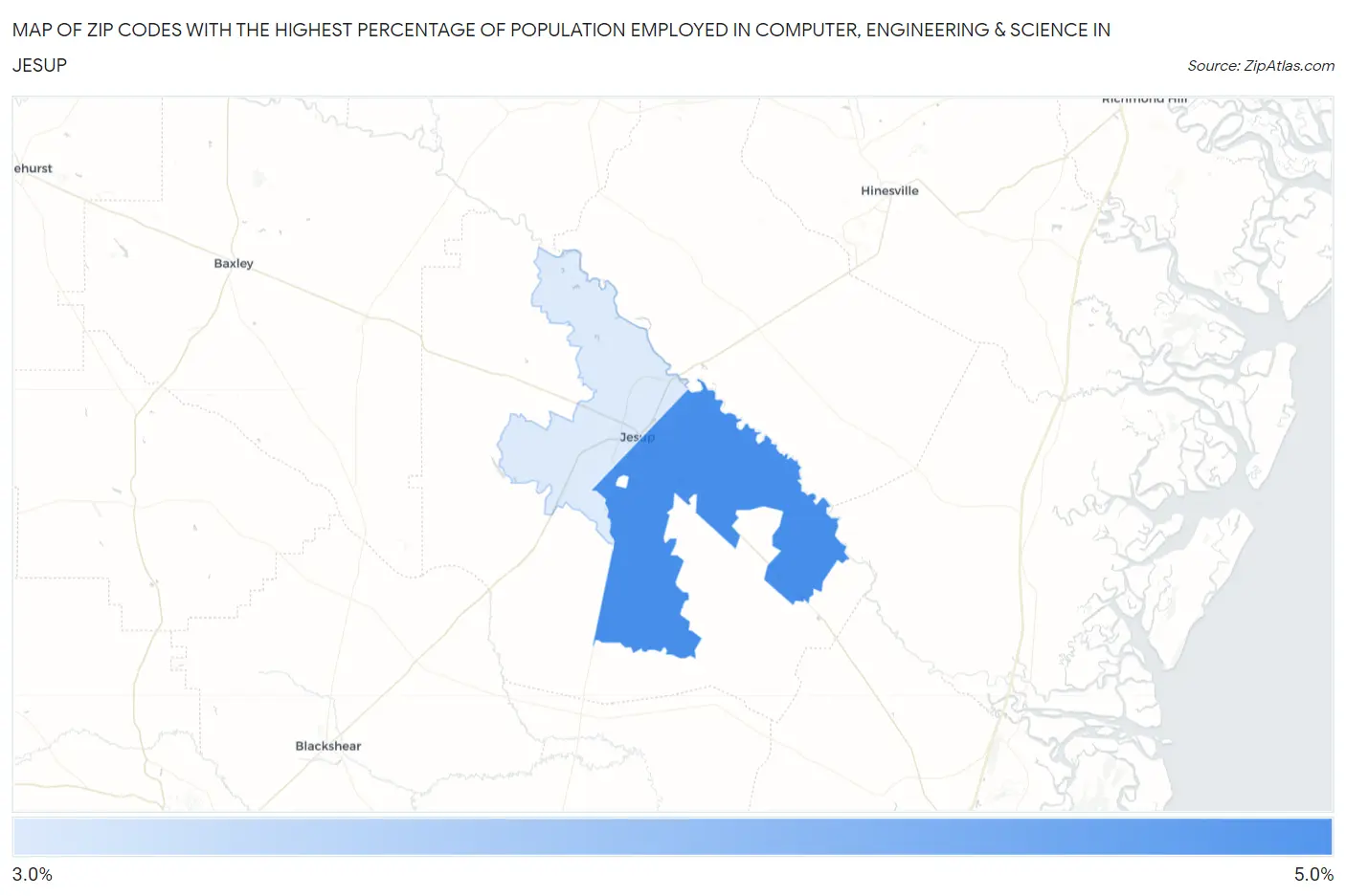 Zip Codes with the Highest Percentage of Population Employed in Computer, Engineering & Science in Jesup Map
