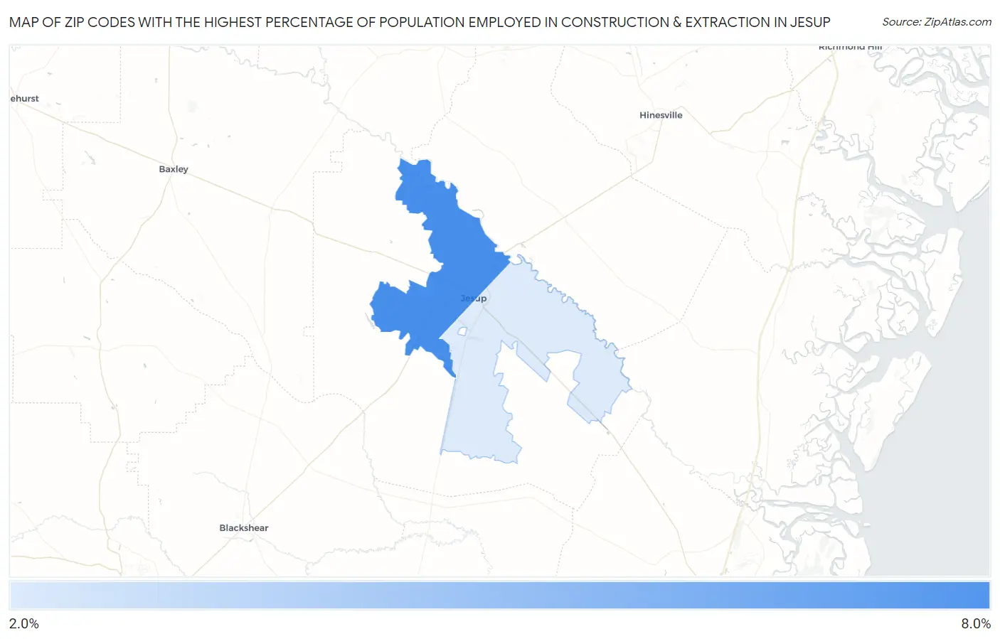 Zip Codes with the Highest Percentage of Population Employed in Construction & Extraction in Jesup Map