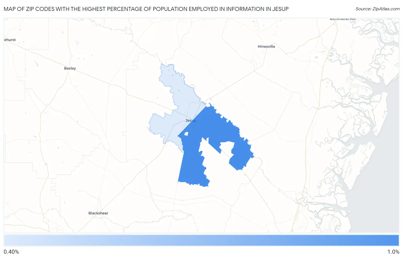 Zip Codes with the Highest Percentage of Population Employed in Information in Jesup Map