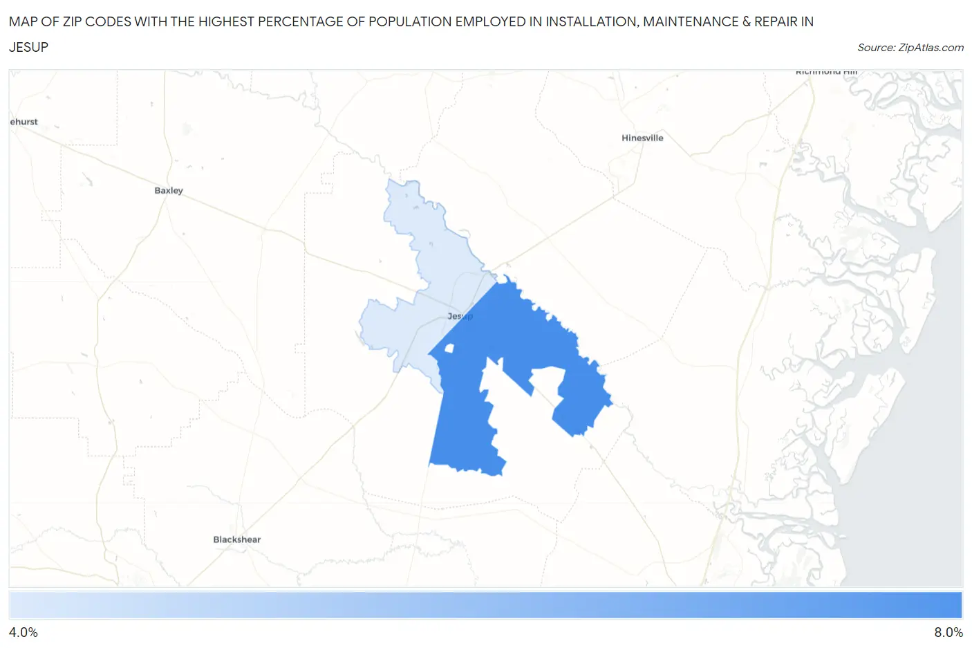 Zip Codes with the Highest Percentage of Population Employed in Installation, Maintenance & Repair in Jesup Map