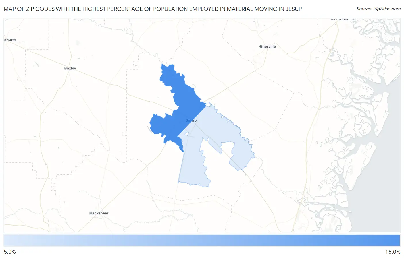 Zip Codes with the Highest Percentage of Population Employed in Material Moving in Jesup Map