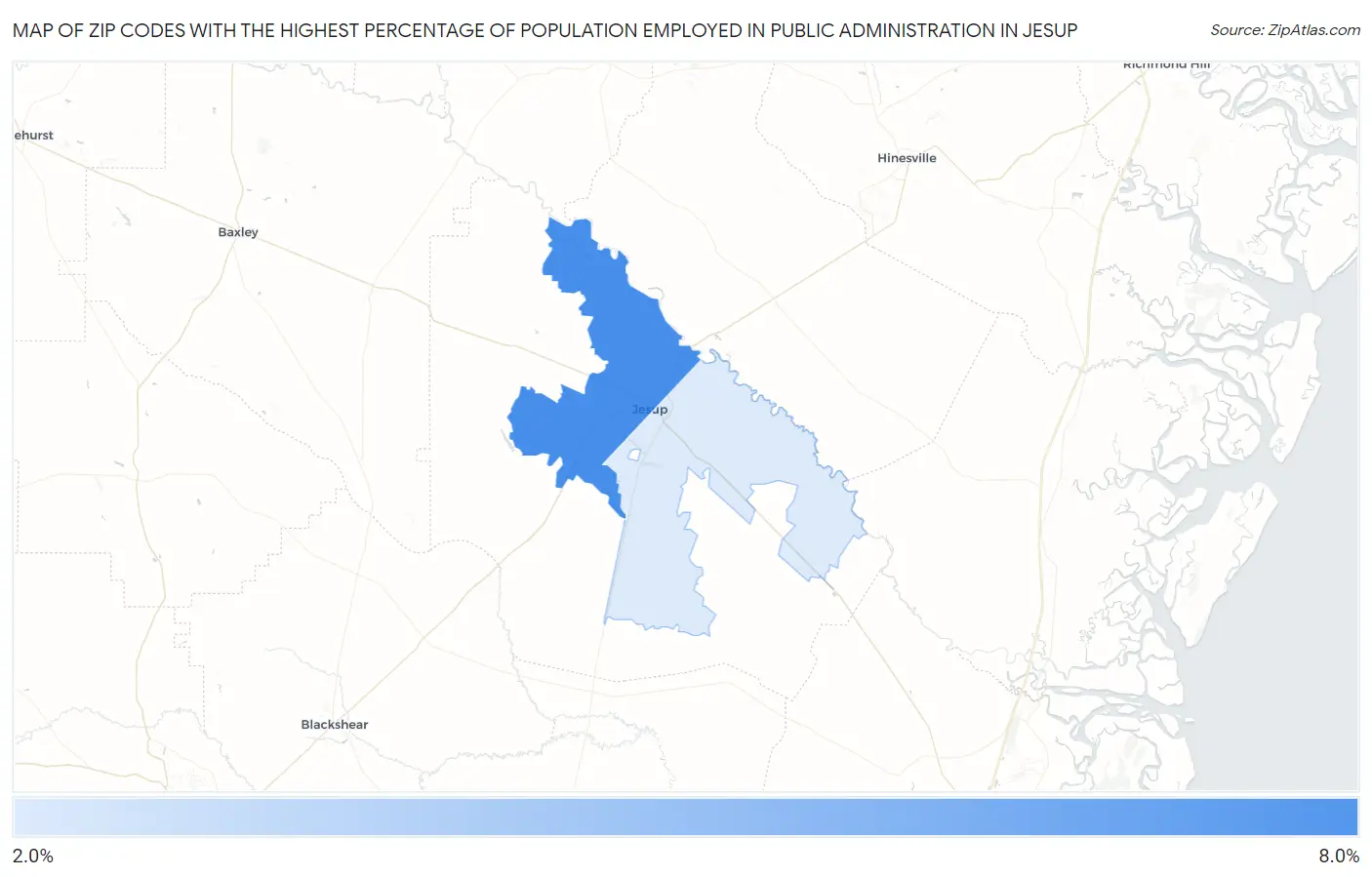 Zip Codes with the Highest Percentage of Population Employed in Public Administration in Jesup Map