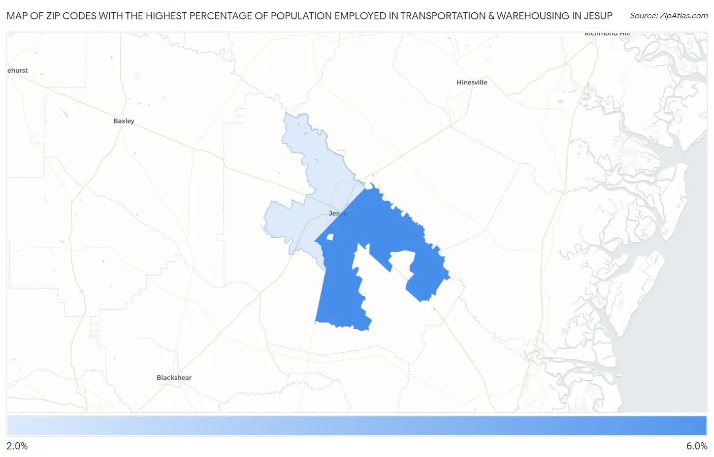 Zip Codes with the Highest Percentage of Population Employed in Transportation & Warehousing in Jesup Map