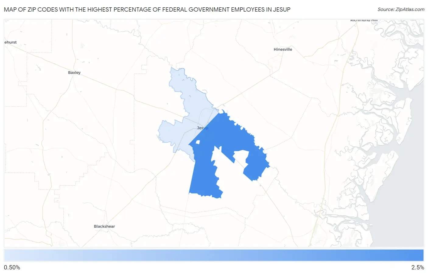 Zip Codes with the Highest Percentage of Federal Government Employees in Jesup Map