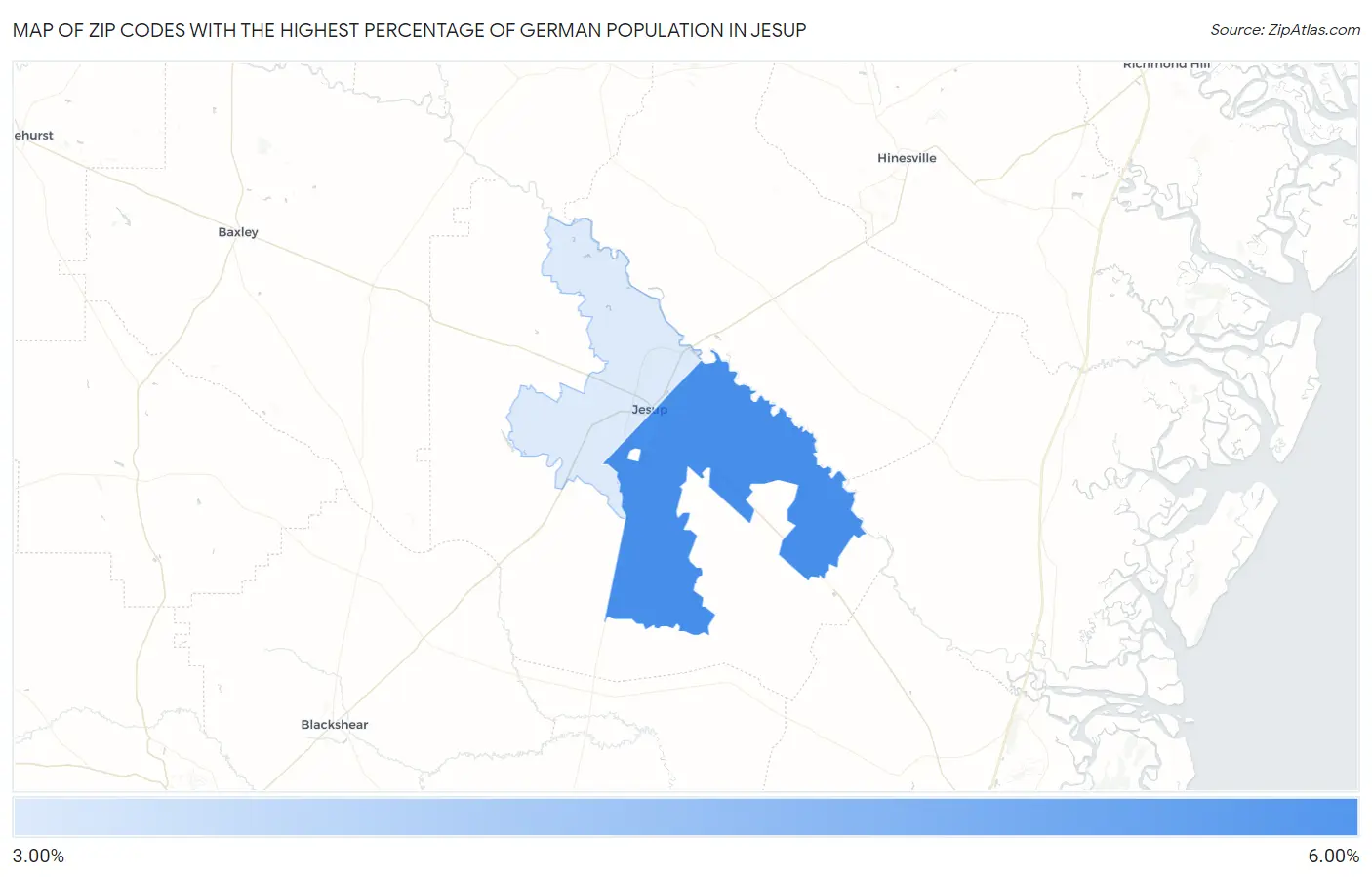Zip Codes with the Highest Percentage of German Population in Jesup Map