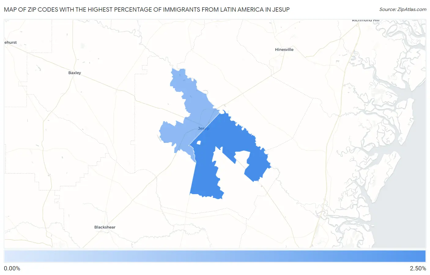 Zip Codes with the Highest Percentage of Immigrants from Latin America in Jesup Map