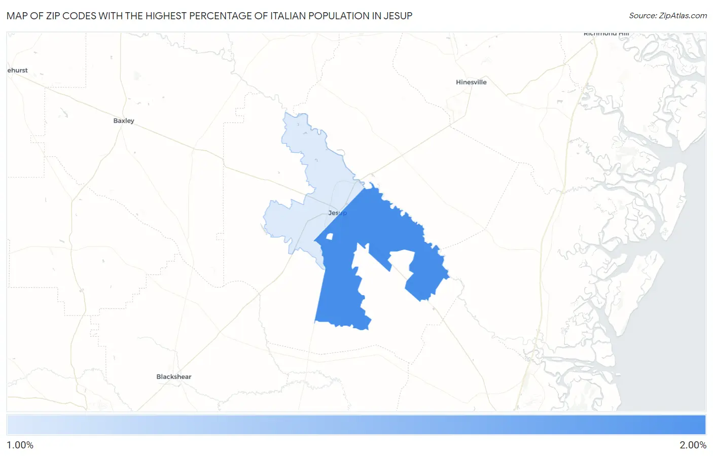 Zip Codes with the Highest Percentage of Italian Population in Jesup Map