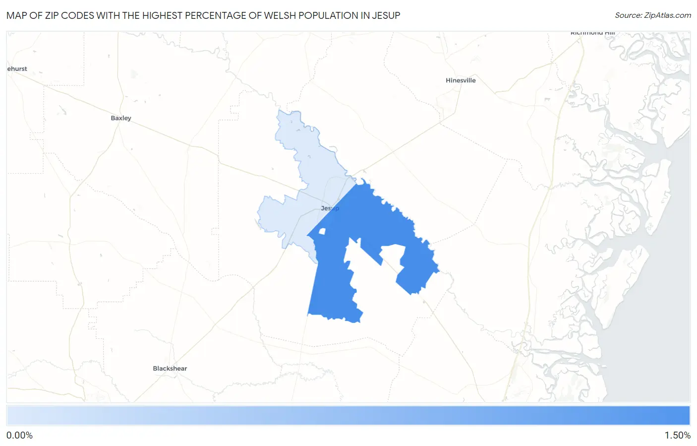 Zip Codes with the Highest Percentage of Welsh Population in Jesup Map