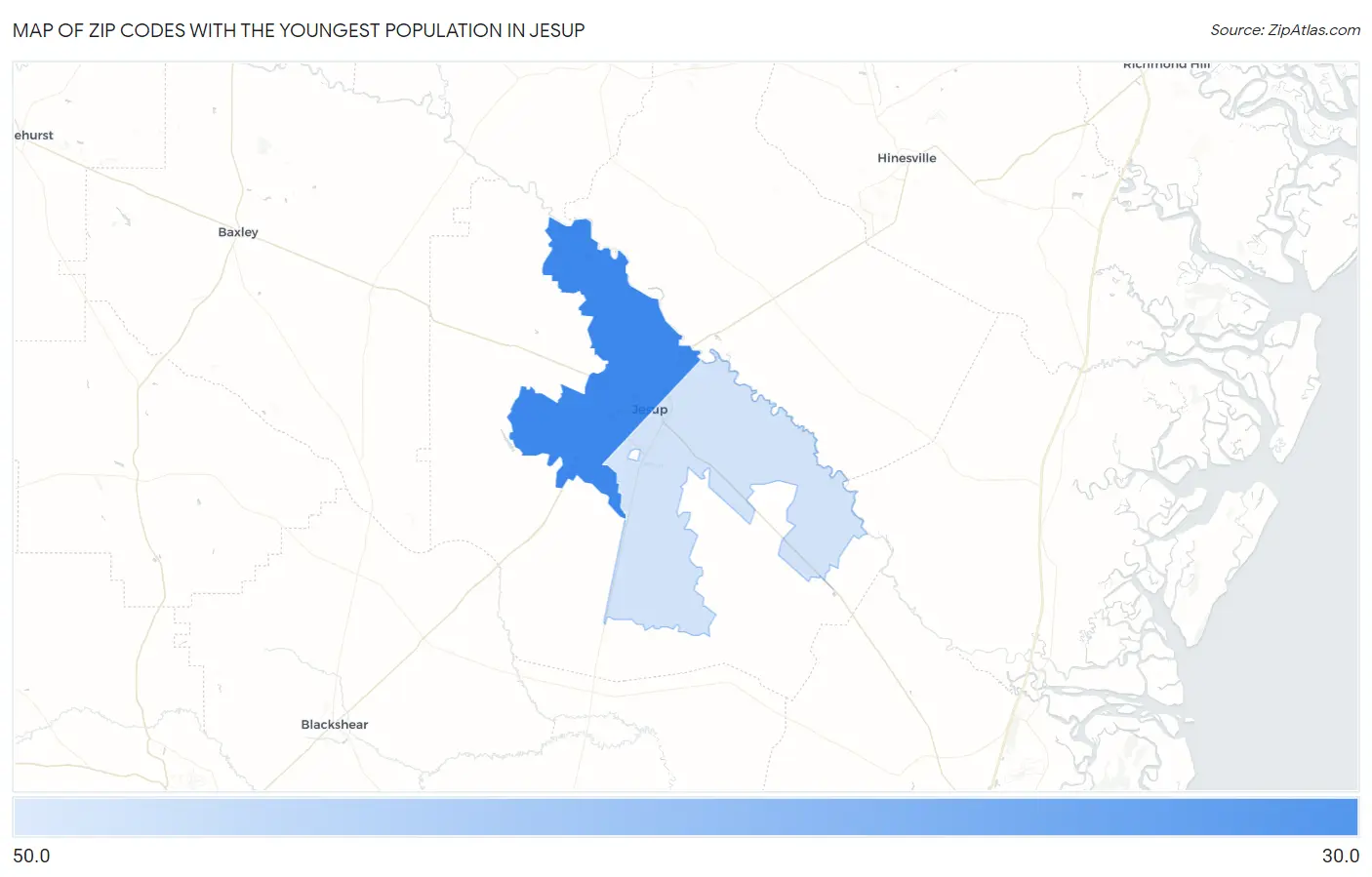 Zip Codes with the Youngest Population in Jesup Map