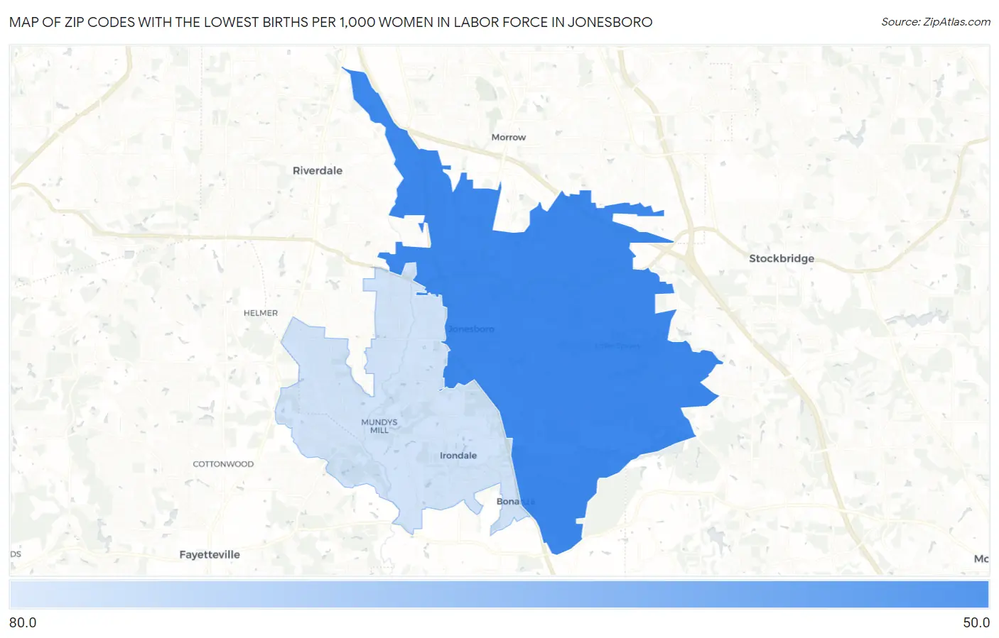 Zip Codes with the Lowest Births per 1,000 Women in Labor Force in Jonesboro Map