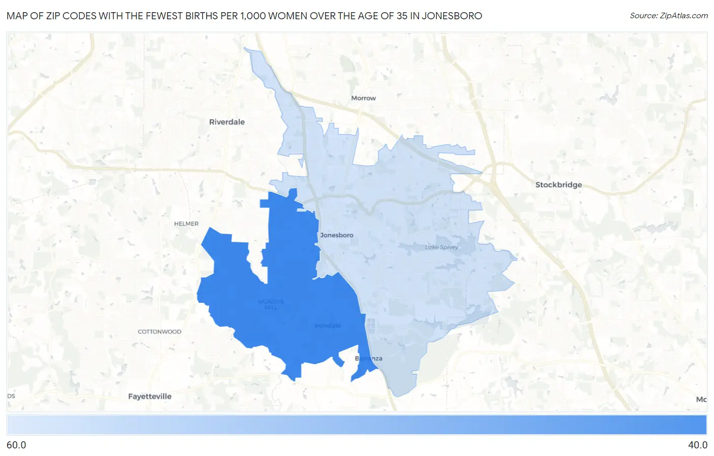 Zip Codes with the Fewest Births per 1,000 Women Over the Age of 35 in Jonesboro Map