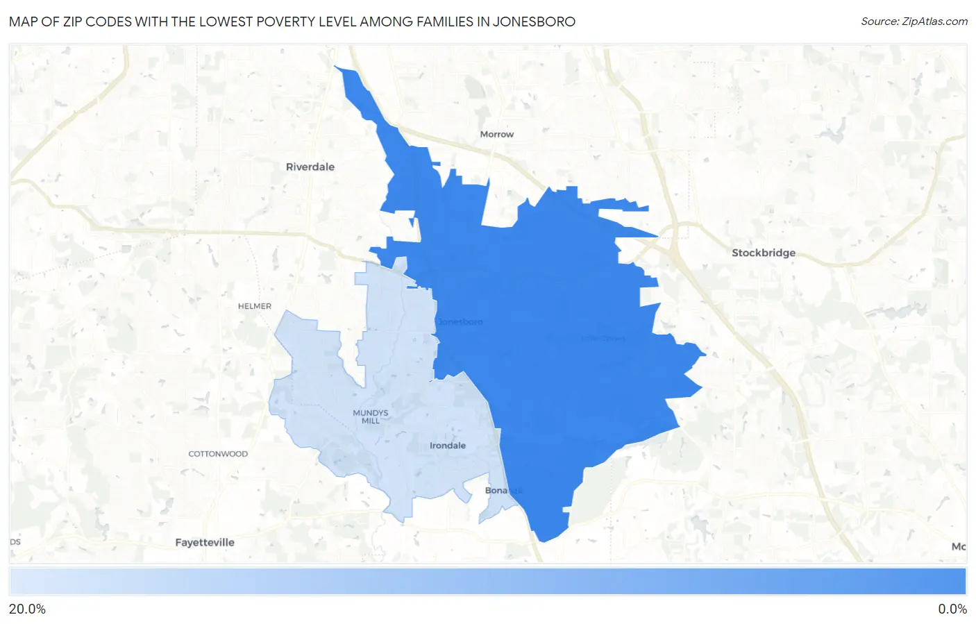 Zip Codes with the Lowest Poverty Level Among Families in Jonesboro Map
