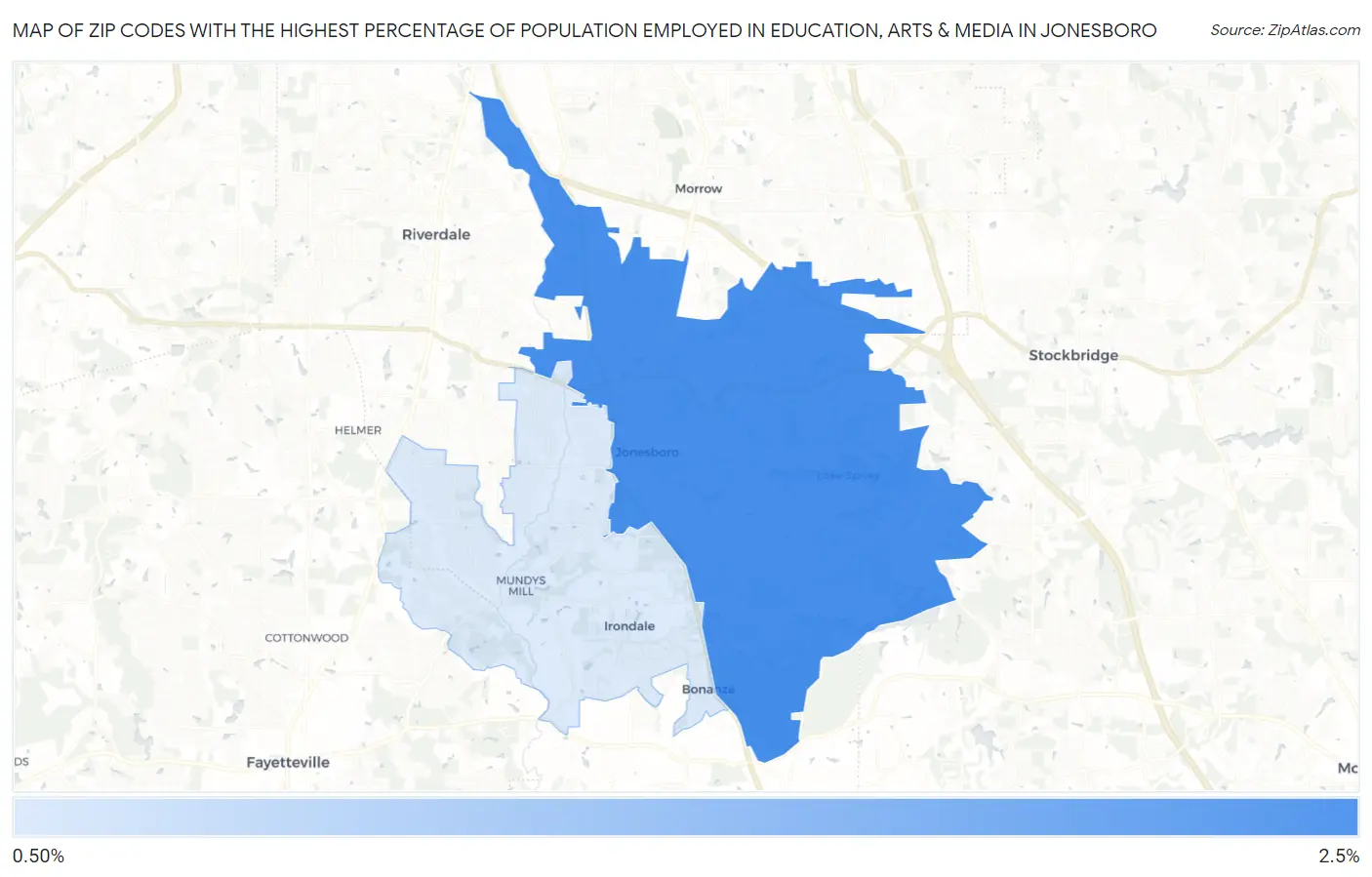 Zip Codes with the Highest Percentage of Population Employed in Education, Arts & Media in Jonesboro Map