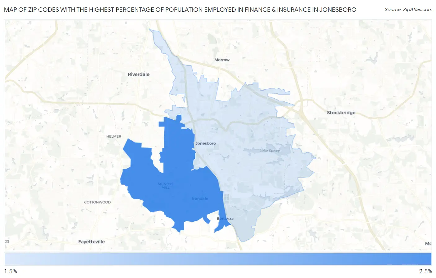 Zip Codes with the Highest Percentage of Population Employed in Finance & Insurance in Jonesboro Map