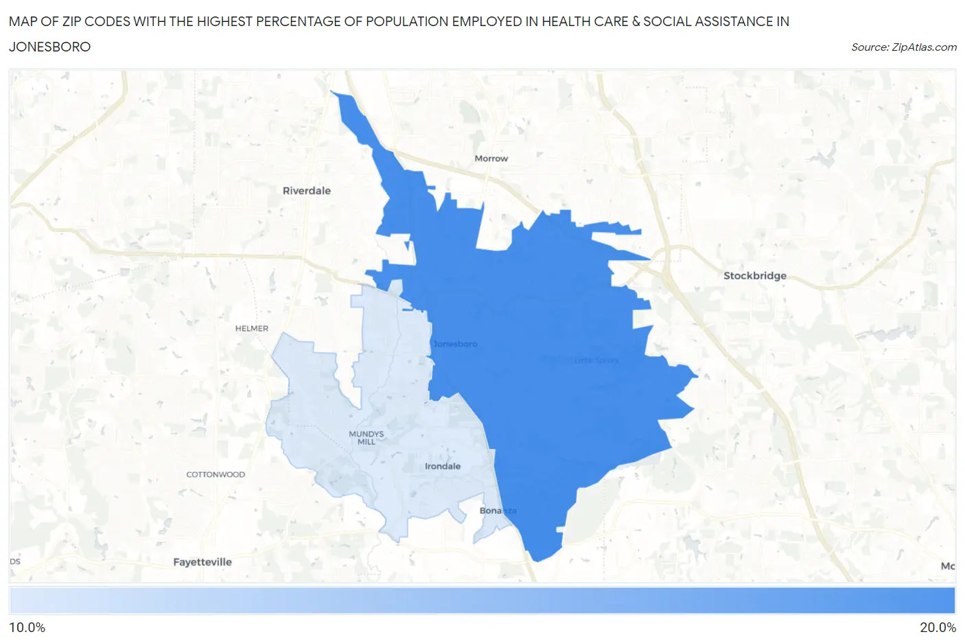 Zip Codes with the Highest Percentage of Population Employed in Health Care & Social Assistance in Jonesboro Map