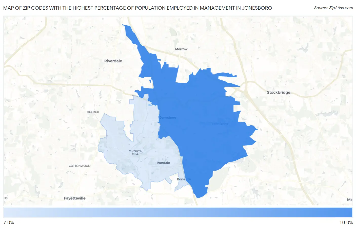 Zip Codes with the Highest Percentage of Population Employed in Management in Jonesboro Map