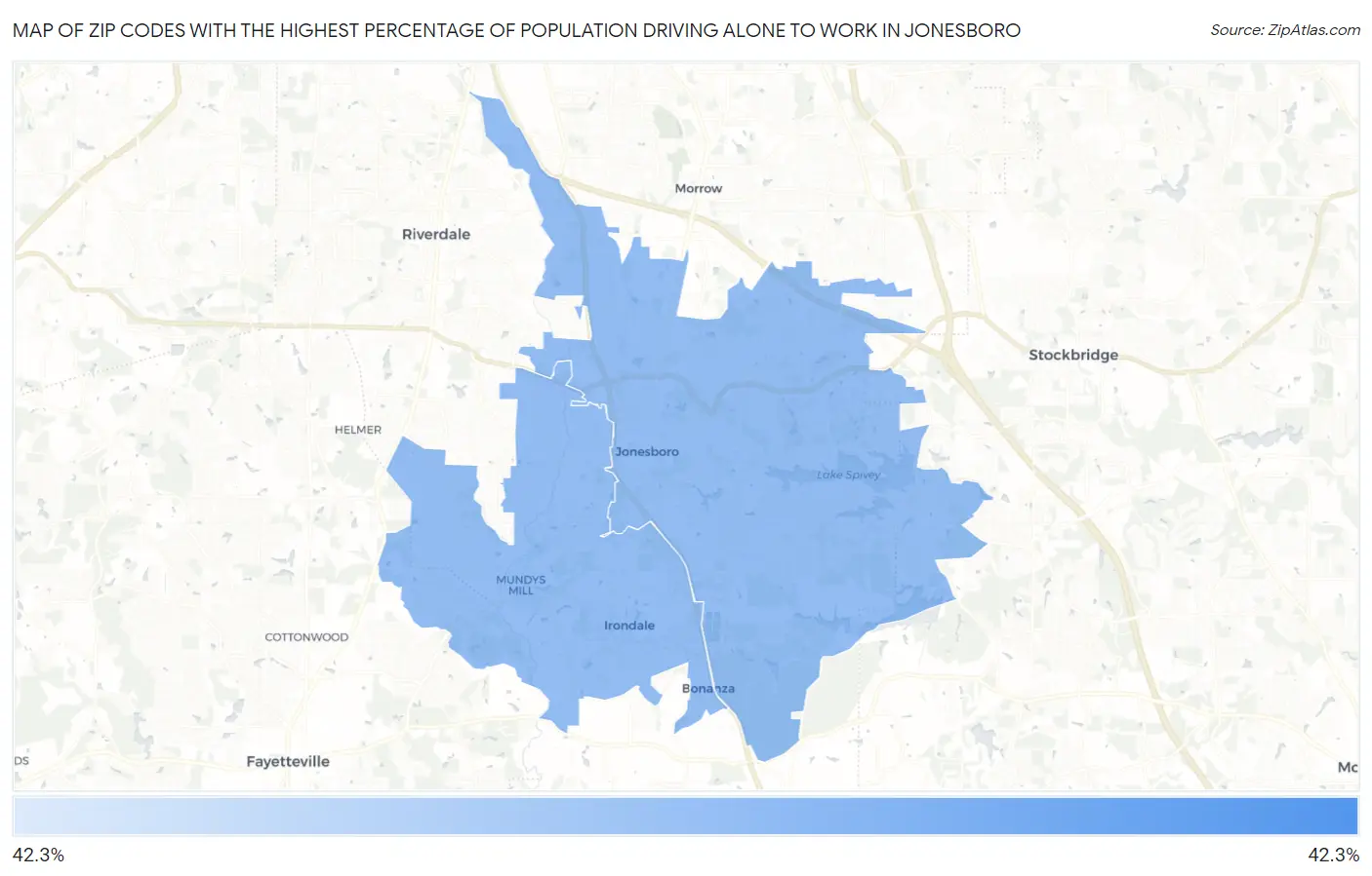 Zip Codes with the Highest Percentage of Population Driving Alone to Work in Jonesboro Map