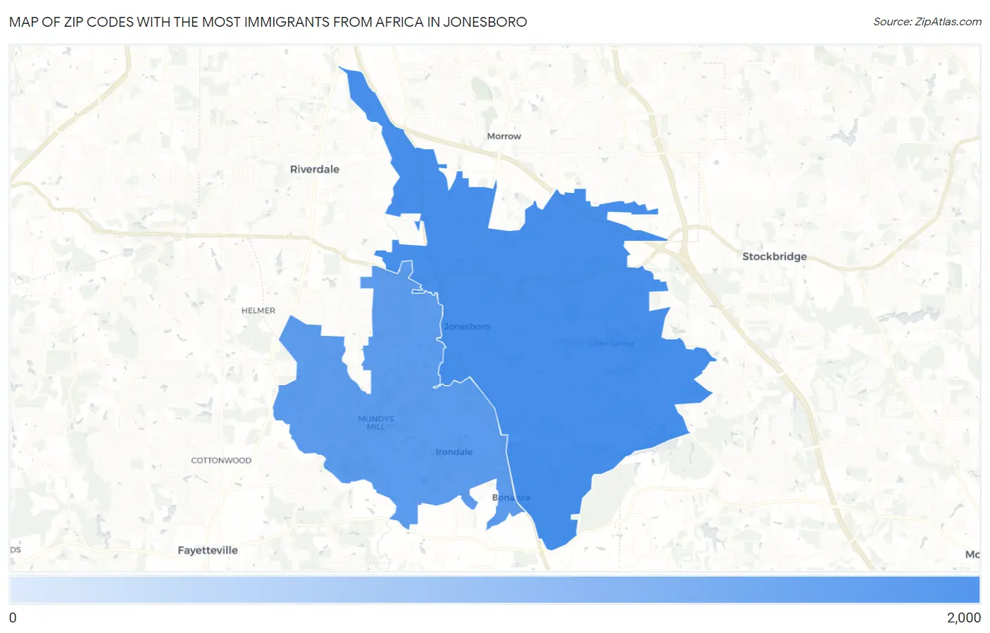 Zip Codes with the Most Immigrants from Africa in Jonesboro Map