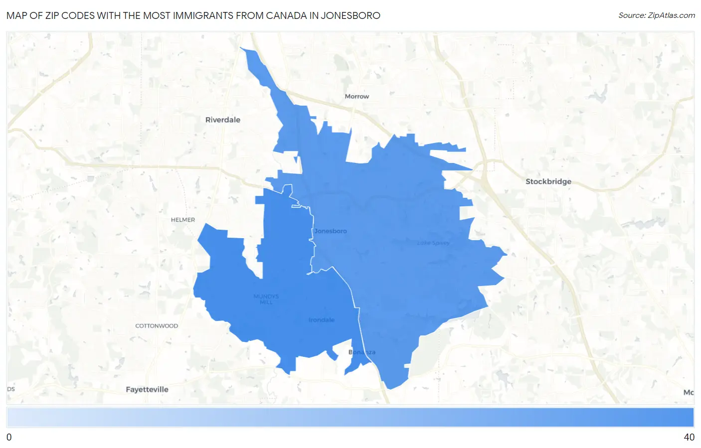 Zip Codes with the Most Immigrants from Canada in Jonesboro Map