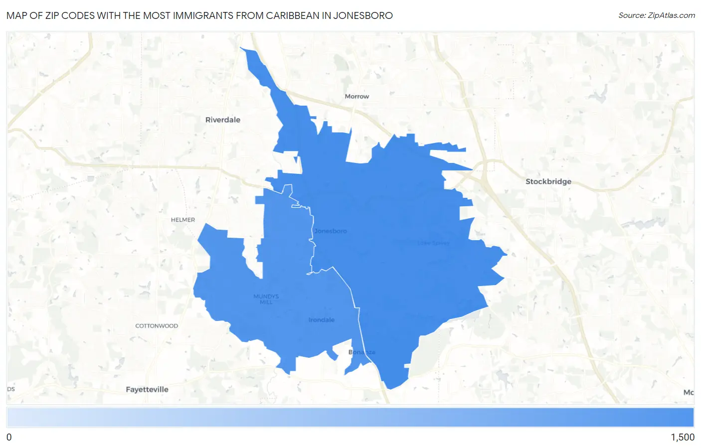 Zip Codes with the Most Immigrants from Caribbean in Jonesboro Map