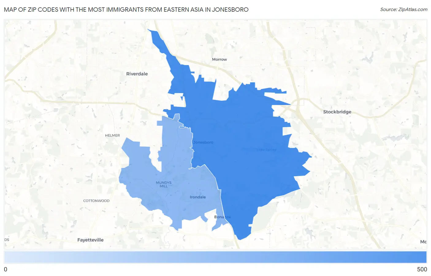 Zip Codes with the Most Immigrants from Eastern Asia in Jonesboro Map