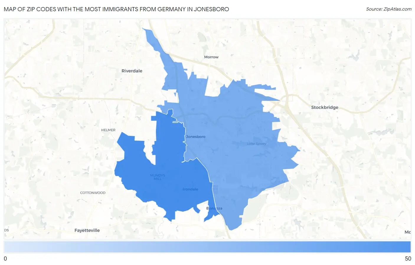 Zip Codes with the Most Immigrants from Germany in Jonesboro Map