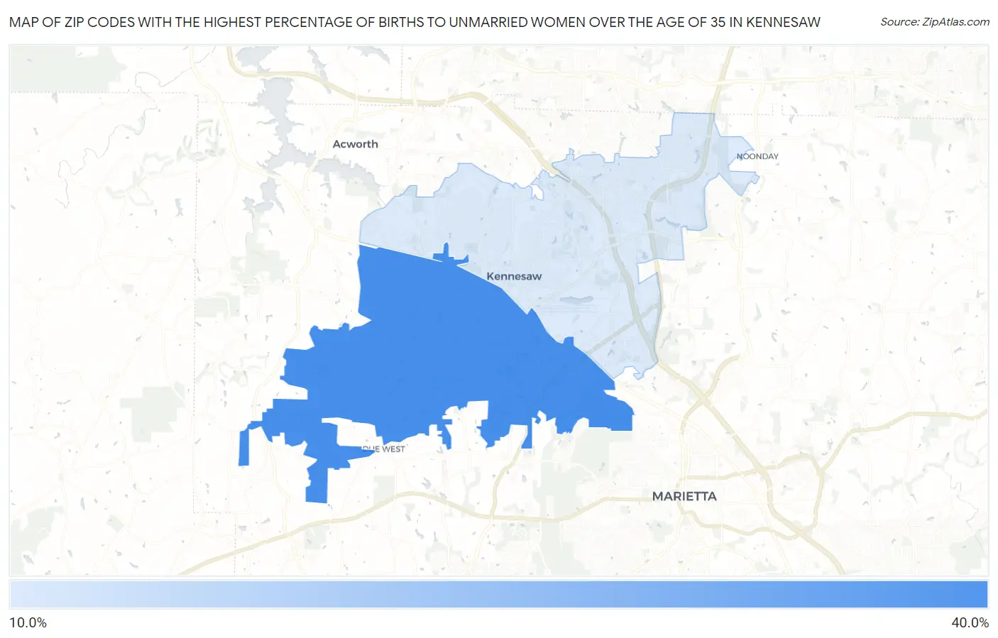 Zip Codes with the Highest Percentage of Births to Unmarried Women over the Age of 35 in Kennesaw Map