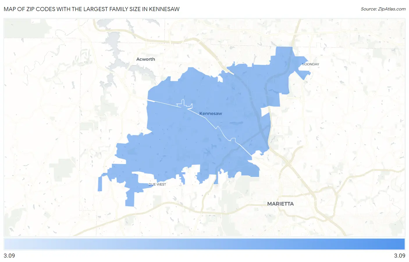 Zip Codes with the Largest Family Size in Kennesaw Map