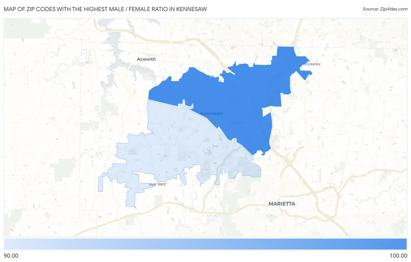 Zip Codes with the Highest Male / Female Ratio in Kennesaw Map