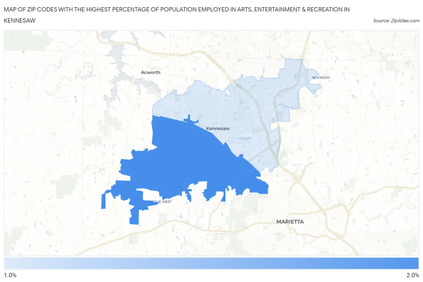 Zip Codes with the Highest Percentage of Population Employed in Arts, Entertainment & Recreation in Kennesaw Map