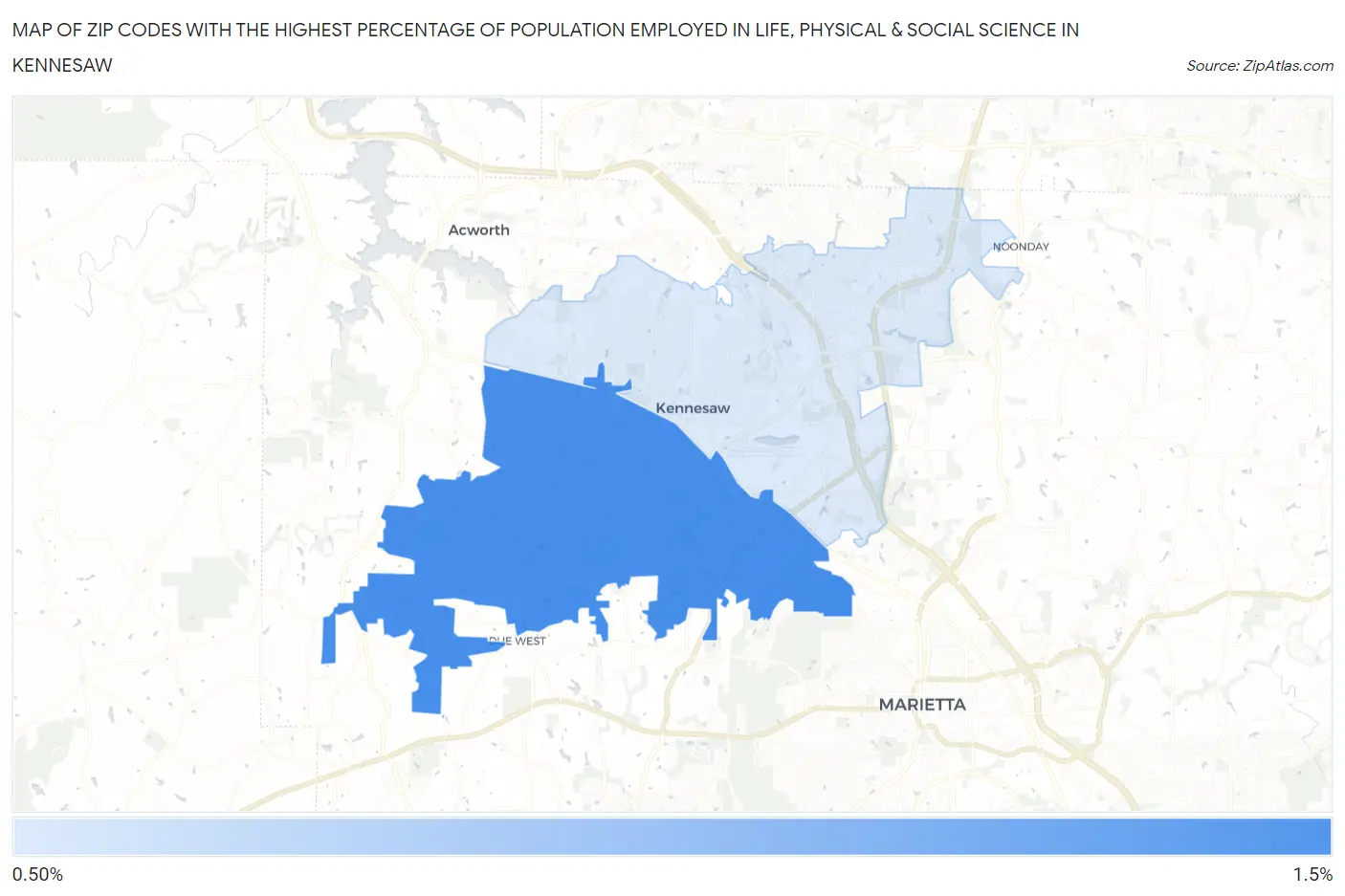 Zip Codes with the Highest Percentage of Population Employed in Life, Physical & Social Science in Kennesaw Map