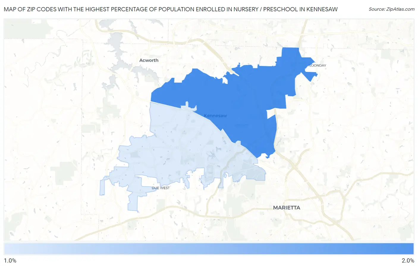 Zip Codes with the Highest Percentage of Population Enrolled in Nursery / Preschool in Kennesaw Map
