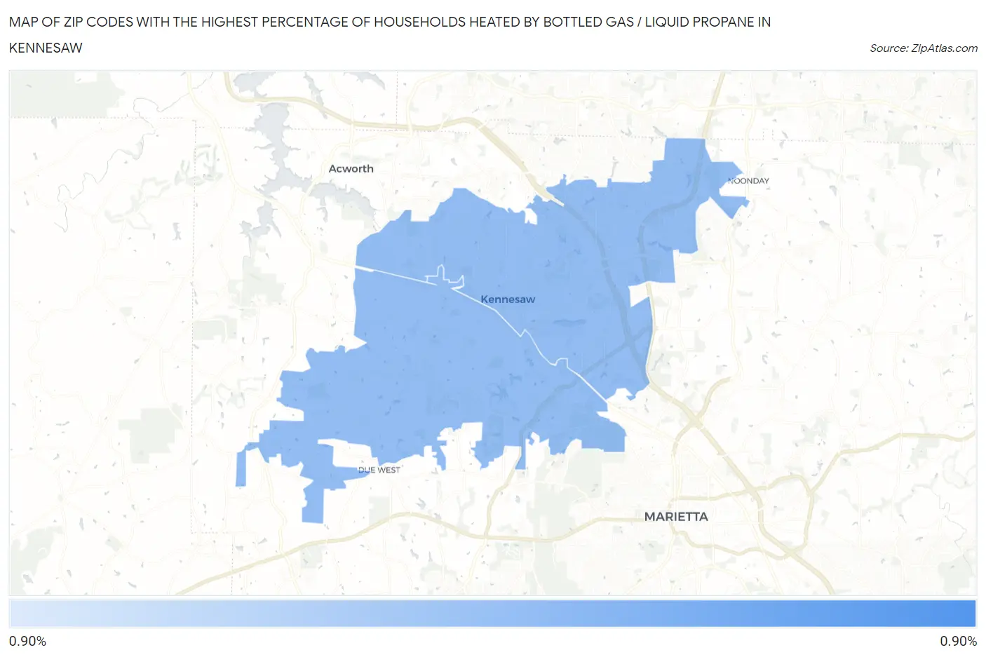 Zip Codes with the Highest Percentage of Households Heated by Bottled Gas / Liquid Propane in Kennesaw Map