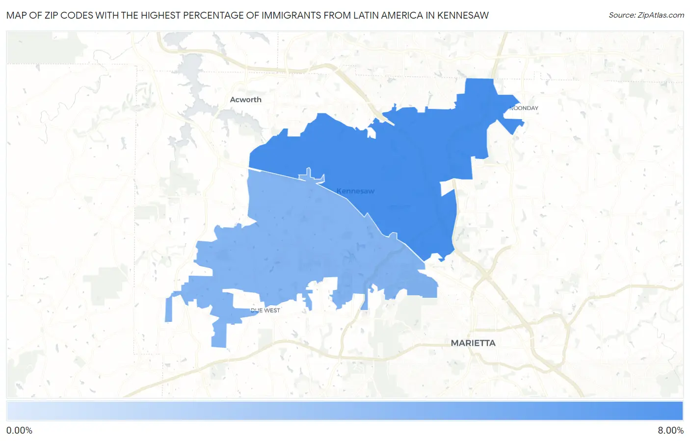 Zip Codes with the Highest Percentage of Immigrants from Latin America in Kennesaw Map
