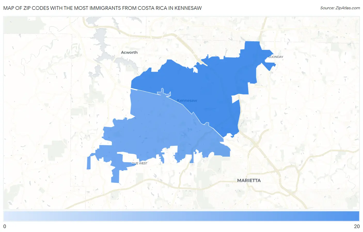 Zip Codes with the Most Immigrants from Costa Rica in Kennesaw Map