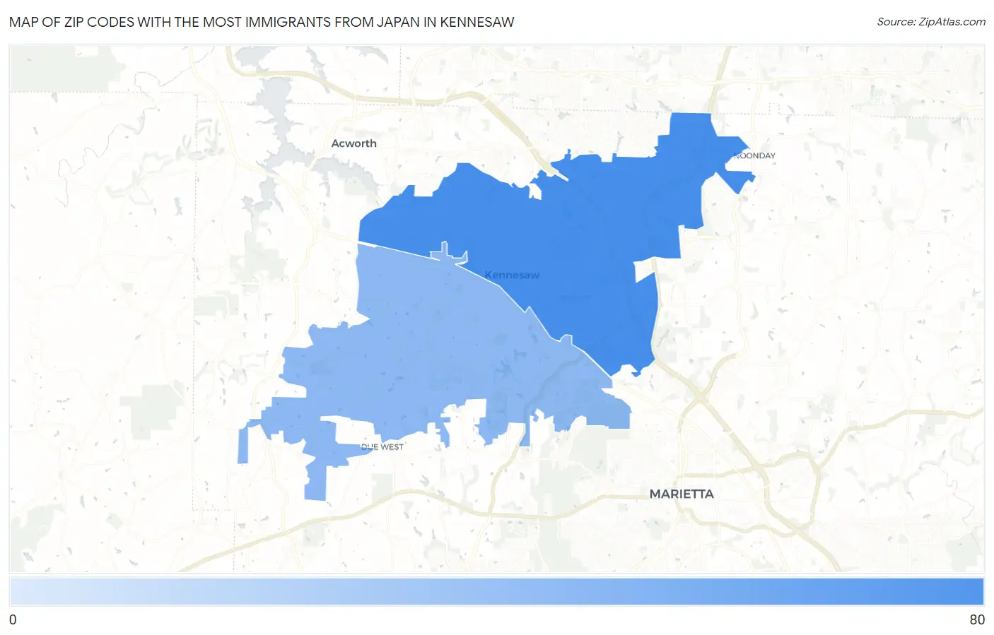 Zip Codes with the Most Immigrants from Japan in Kennesaw Map
