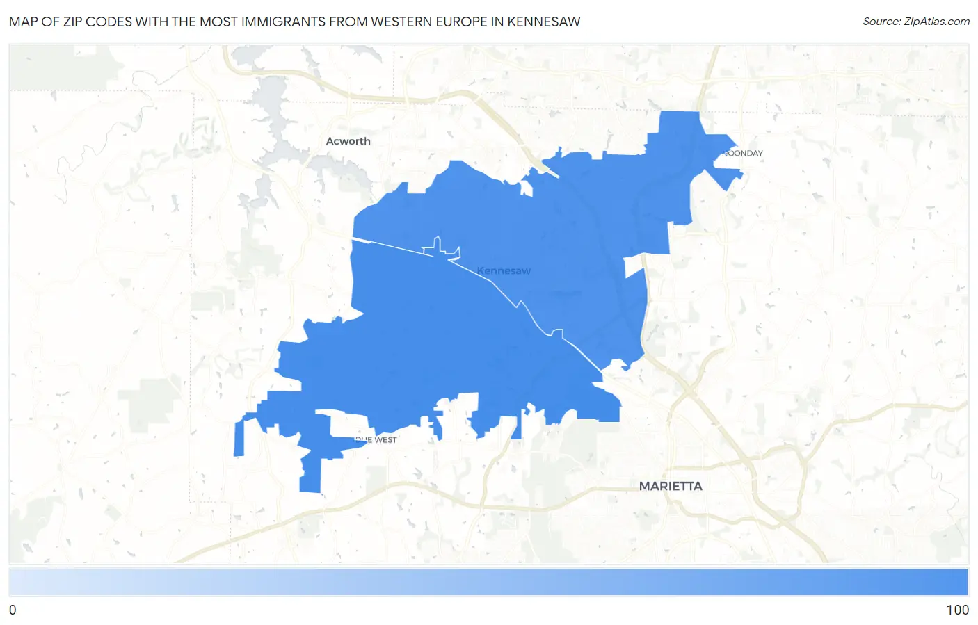 Zip Codes with the Most Immigrants from Western Europe in Kennesaw Map