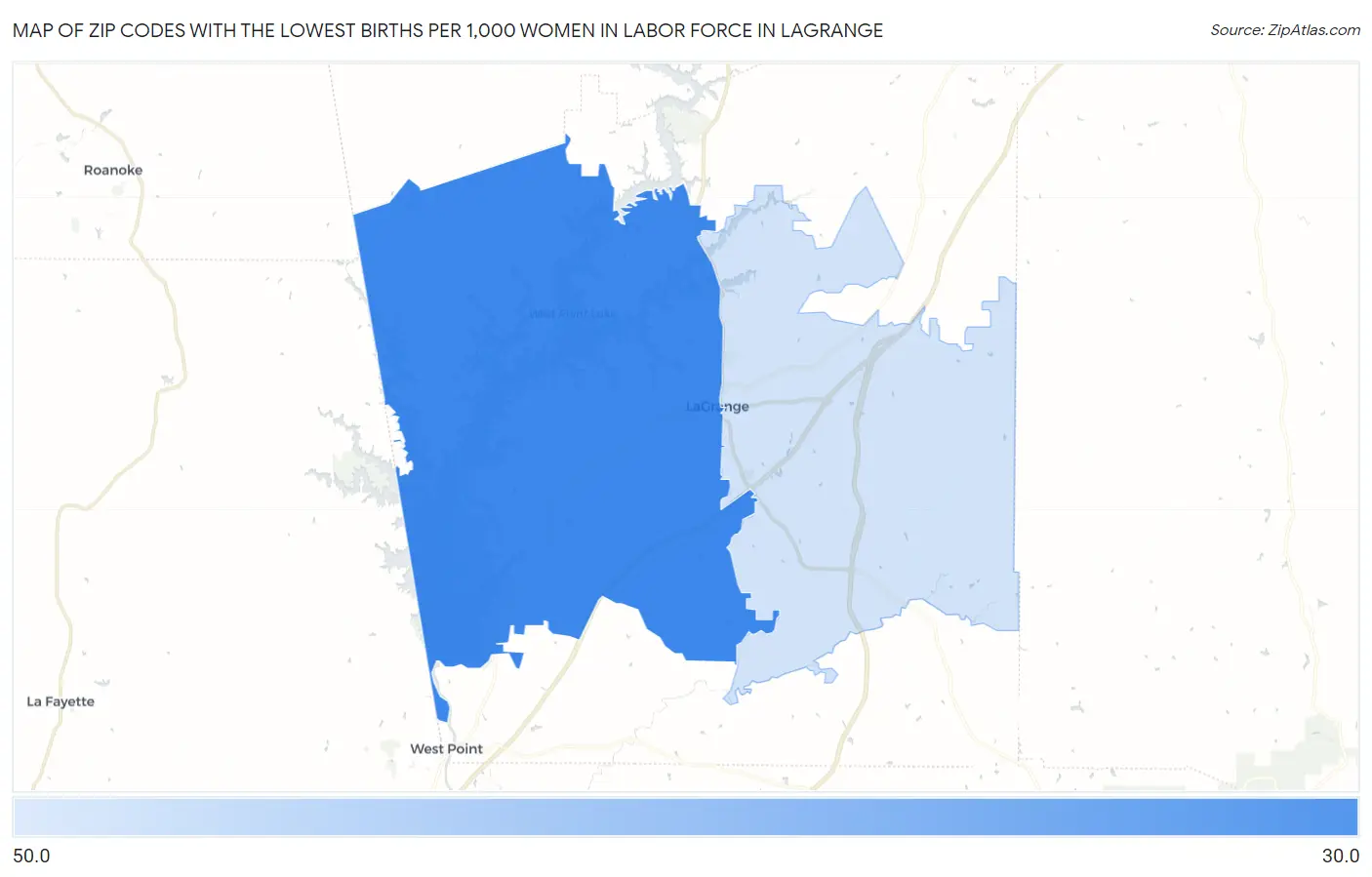 Zip Codes with the Lowest Births per 1,000 Women in Labor Force in Lagrange Map