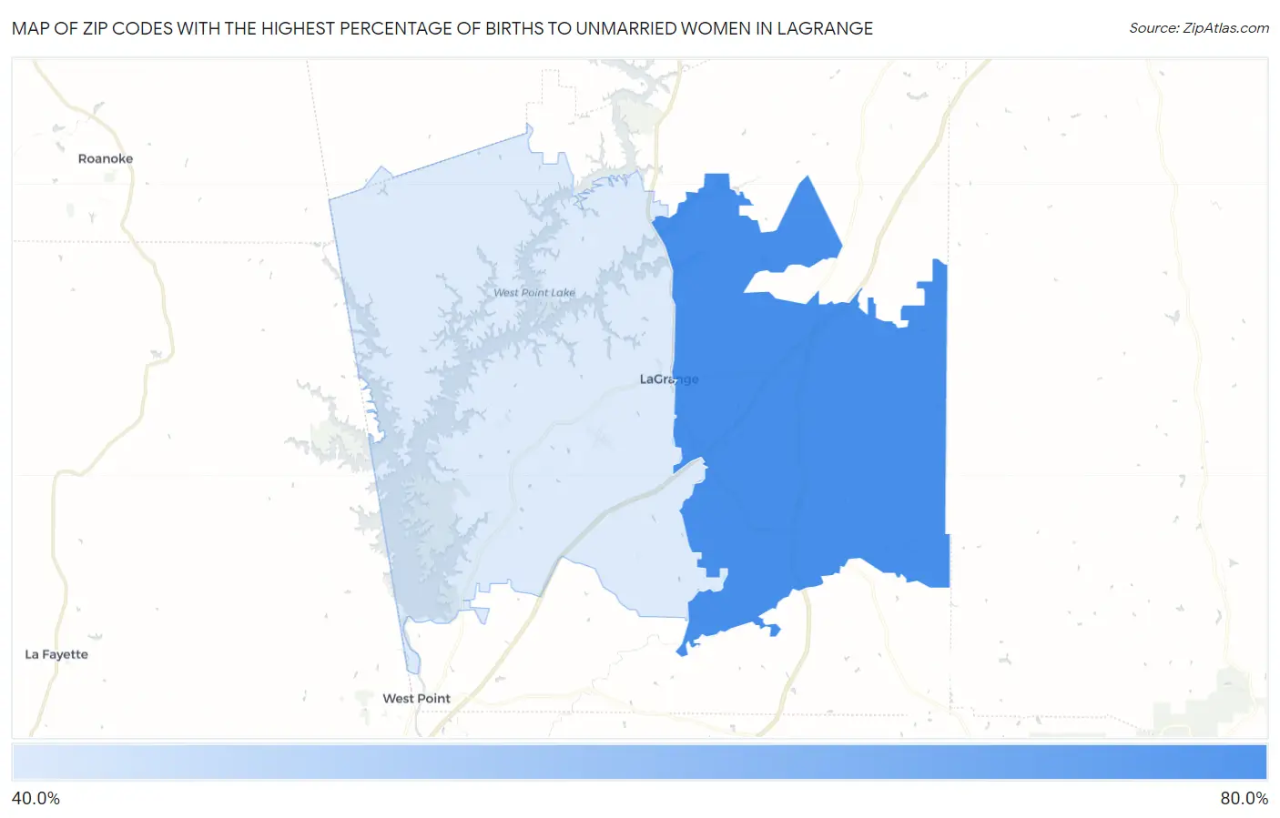 Zip Codes with the Highest Percentage of Births to Unmarried Women in Lagrange Map