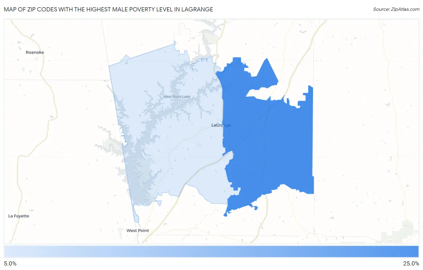 Zip Codes with the Highest Male Poverty Level in Lagrange Map