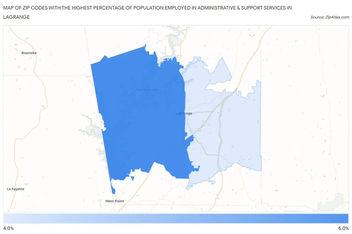 Zip Codes with the Highest Percentage of Population Employed in Administrative & Support Services in Lagrange Map