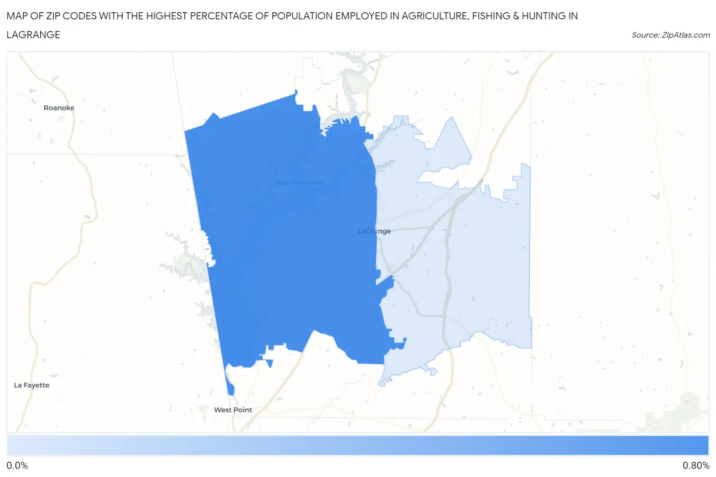 Zip Codes with the Highest Percentage of Population Employed in Agriculture, Fishing & Hunting in Lagrange Map