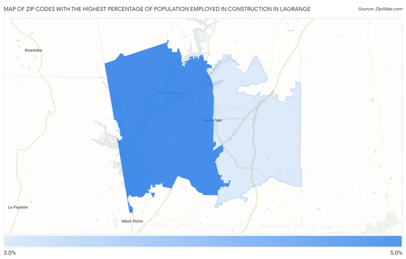 Zip Codes with the Highest Percentage of Population Employed in Construction in Lagrange Map
